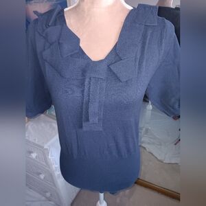Faith & Zoe-Blue Bow Short Sleeve Lightweight Sweater